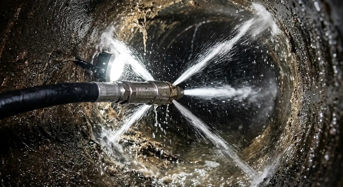 High-pressure hydro jetting nozzle cleaning sewer pipe for Sewer Cleanout in Branchburg