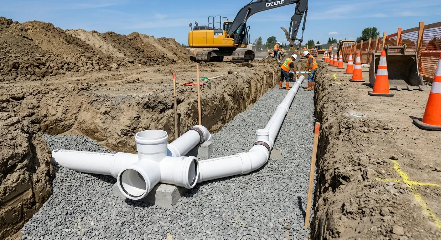 New PVC sewer pipe installation in open trench for Sewer Backup in Branchburg