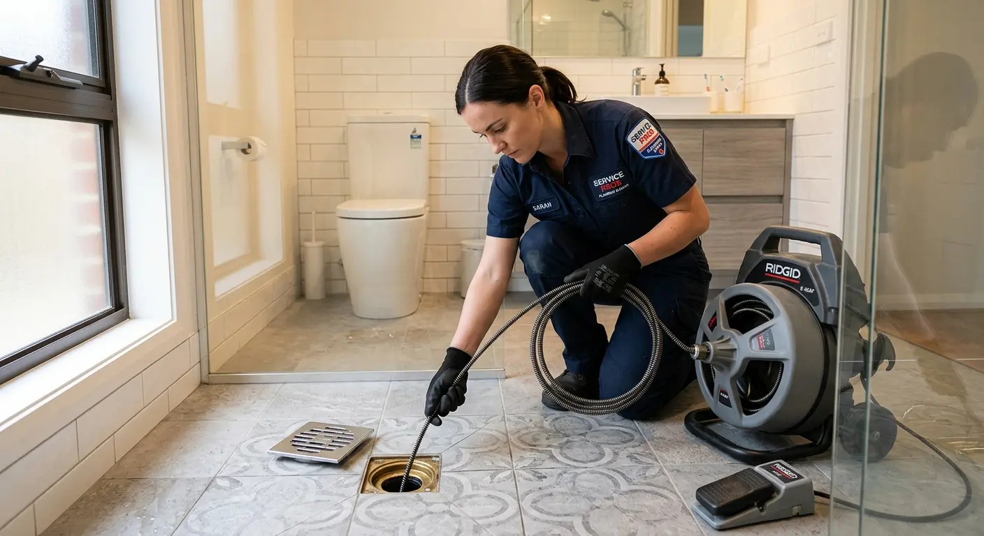 Technician clearing a bathroom floor drain for Sewer Line Replacement in Branchburg